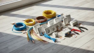 Materialy do wymiany instalacji elektrycznej rozlozone na podlodze kable miedziane YDY gniazdka wlaczniki bezpieczniki i narzedzia elektryczne cennik 2026