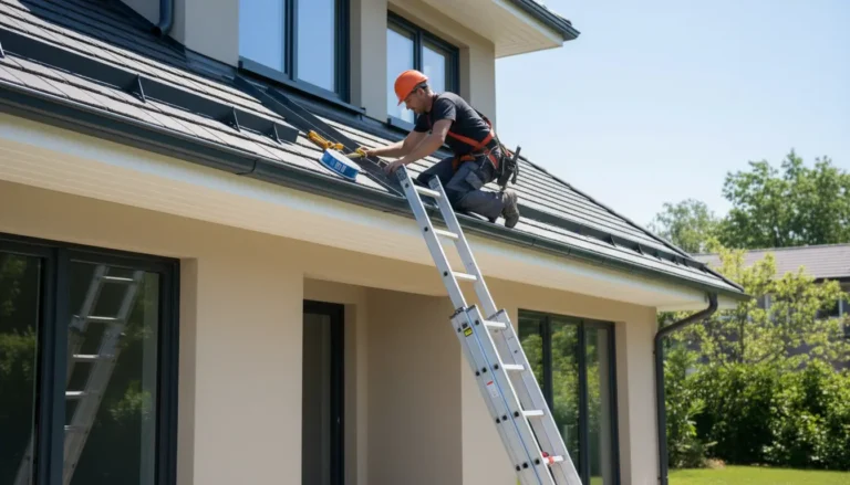 Koszt wymiany rynien 2026 - fachowiec montuje nowoczesne rynny stalowe na dachu domu jednorodzinnego podczas prac budowlanych