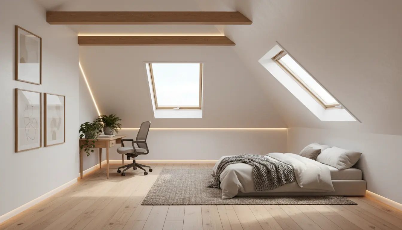 Nowoczesne poddasze użytkowe po ociepleniu wełną mineralną z oknami dachowymi i białymi ścianami 2026