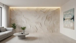 Jak położyć tynk dekoracyjny na ścianie w salonie - nowoczesna faktura strukturalna tynku w jasnych kolorach minimalistyczne wnętrze z profesjonalnym wykończeniem