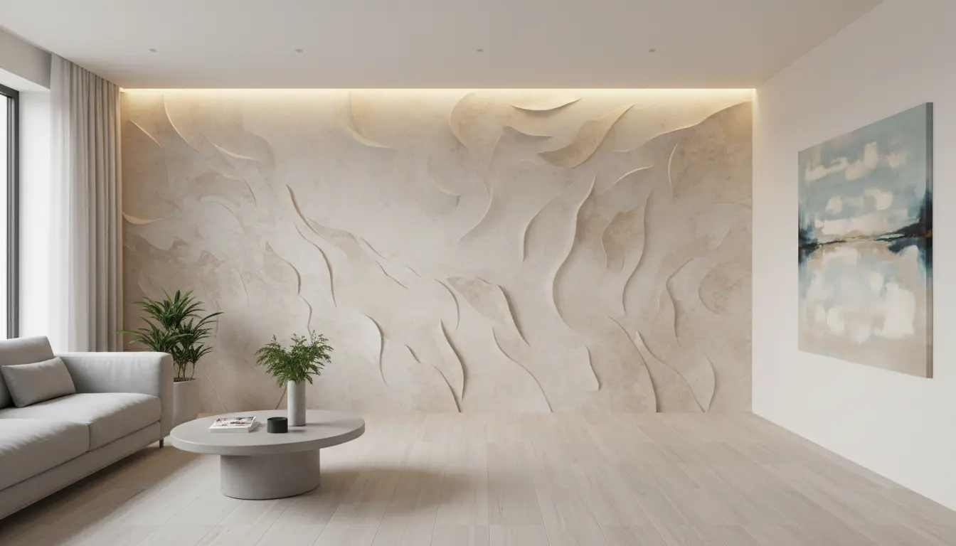 Jak położyć tynk dekoracyjny na ścianie w salonie - nowoczesna faktura strukturalna tynku w jasnych kolorach minimalistyczne wnętrze z profesjonalnym wykończeniem