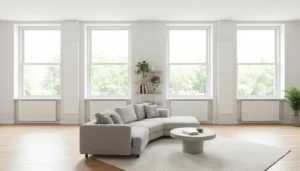 Nowoczesne białe grzejniki centralnego ogrzewania płytowe zamontowane pod oknami w jasnym salonie z drewnianą podłogą - efektywne ogrzewanie mieszkania