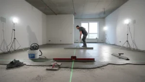 Jak wypoziomować podłogę betonową metodą wylewki samopoziomującej - narzędzia budowlane masa wyrównująca paca stalowa wałek kolczasty w pomieszczeniu podczas remontu