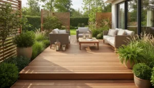 Piękny drewniany taras z modrzewia po impregnacji olejem - złoty brązowy kolor drewna, naturalna ochrona przed wilgocią i UV