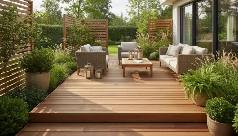 Piękny drewniany taras z modrzewia po impregnacji olejem - złoty brązowy kolor drewna, naturalna ochrona przed wilgocią i UV