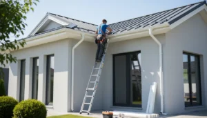 Jak zamontować rynny i odpływy krok po kroku - dekarz montujący białe rynny PVC na okapie nowoczesnego domu jednorodzinnego przy użyciu drabiny, profesjonalny montaż systemu odpływowego