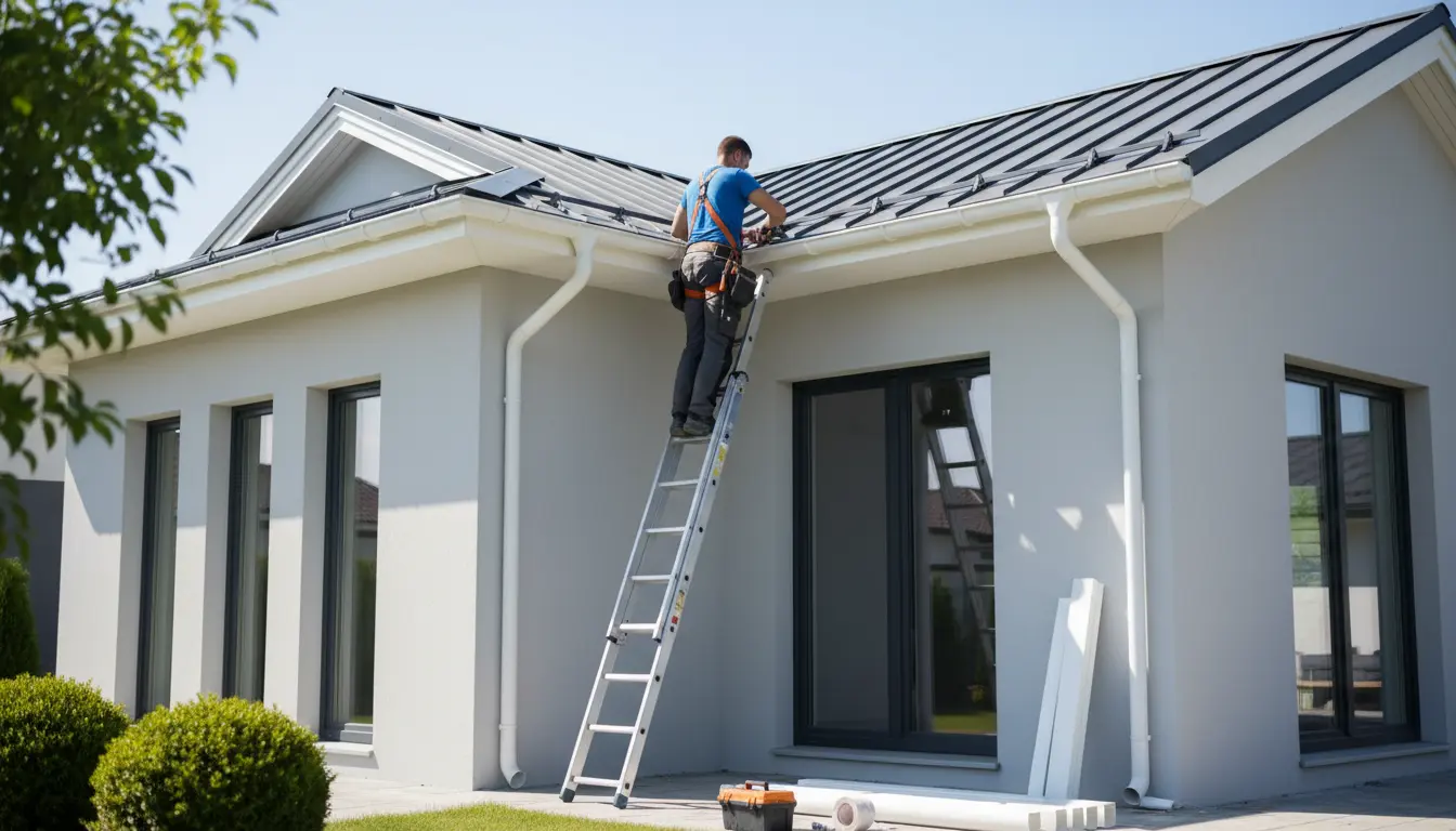 Jak zamontować rynny i odpływy krok po kroku - dekarz montujący białe rynny PVC na okapie nowoczesnego domu jednorodzinnego przy użyciu drabiny, profesjonalny montaż systemu odpływowego