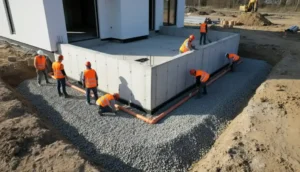 Robotnik montuje perforowane rury drenarskie wokół fundamentów domu podczas wykonywania drenażu opaskowego - profesjonalna instalacja odwodnienia budynku