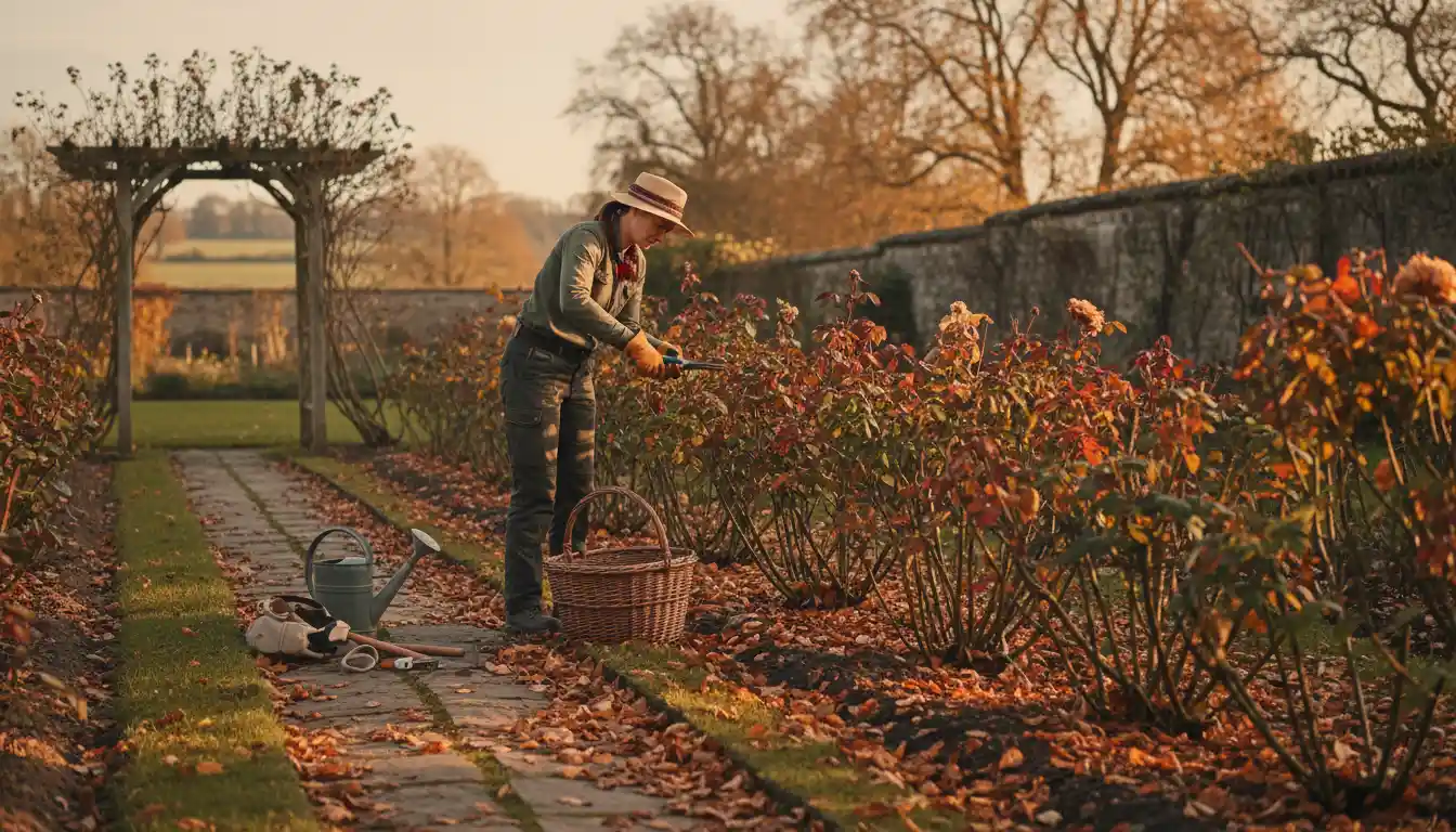 Jesienne cięcie sanitarne róż w październiku - ogrodnik usuwa chore pędy i przekwitłe kwiaty przed zimą w złotym świetle jesieni