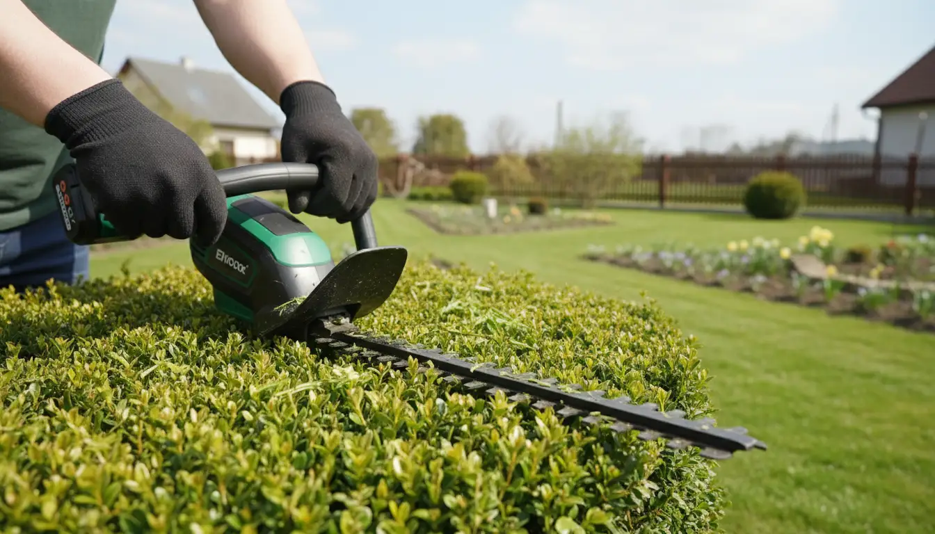 Przycinanie żywopłotu wczesną wiosną nożycami akumulatorowymi w polskim ogrodzie - kiedy przycinać żywopłot marzec kwiecień