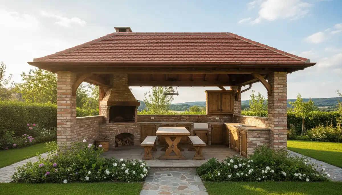 Murowana altana ogrodowa z cegły klinkierowej z wbudowanym grillem i kuchnią letnią dach ceramiczny czerwony - koszt budowy około 30000 złotych 2026