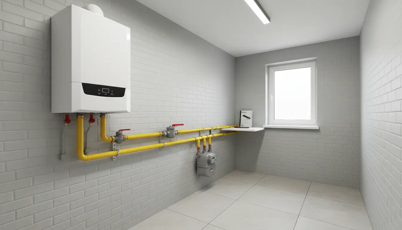 Nowoczesna kotłownia gazowa w domu - kocioł kondensacyjny, licznik gazu, żółte rury gazowe z zaworami odcinającymi i regulatorem ciśnienia