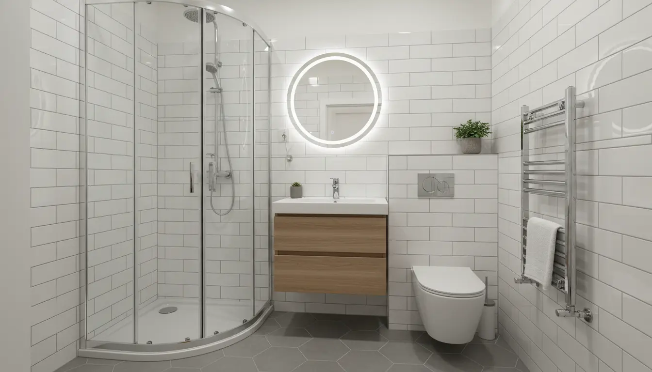 Mała łazienka 4m2 po remoncie w bloku - kabina narożna, podwieszane WC, umywalka z szafką - remont łazienki koszt około 17600 zł