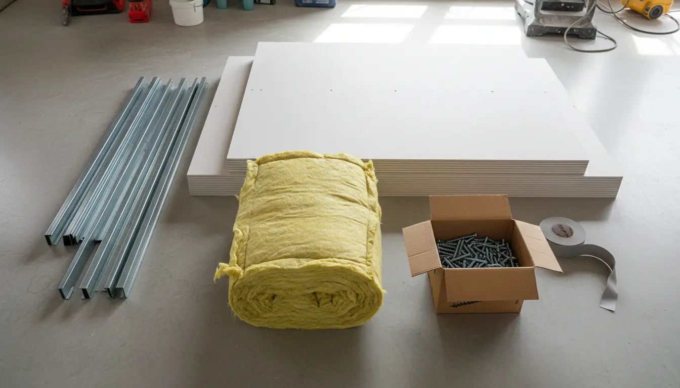 Materiały do budowy ściany z płyt GK - profile stalowe CW i UW wełna mineralna płyty gipsowo-kartonowe wkręty