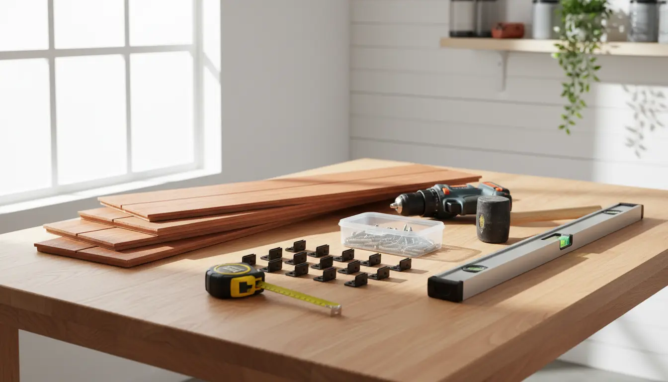 Materiały i narzędzia potrzebne do budowy tarasu z desek kompozytowych - deski WPC legary klipsy wkrętarka poziomica