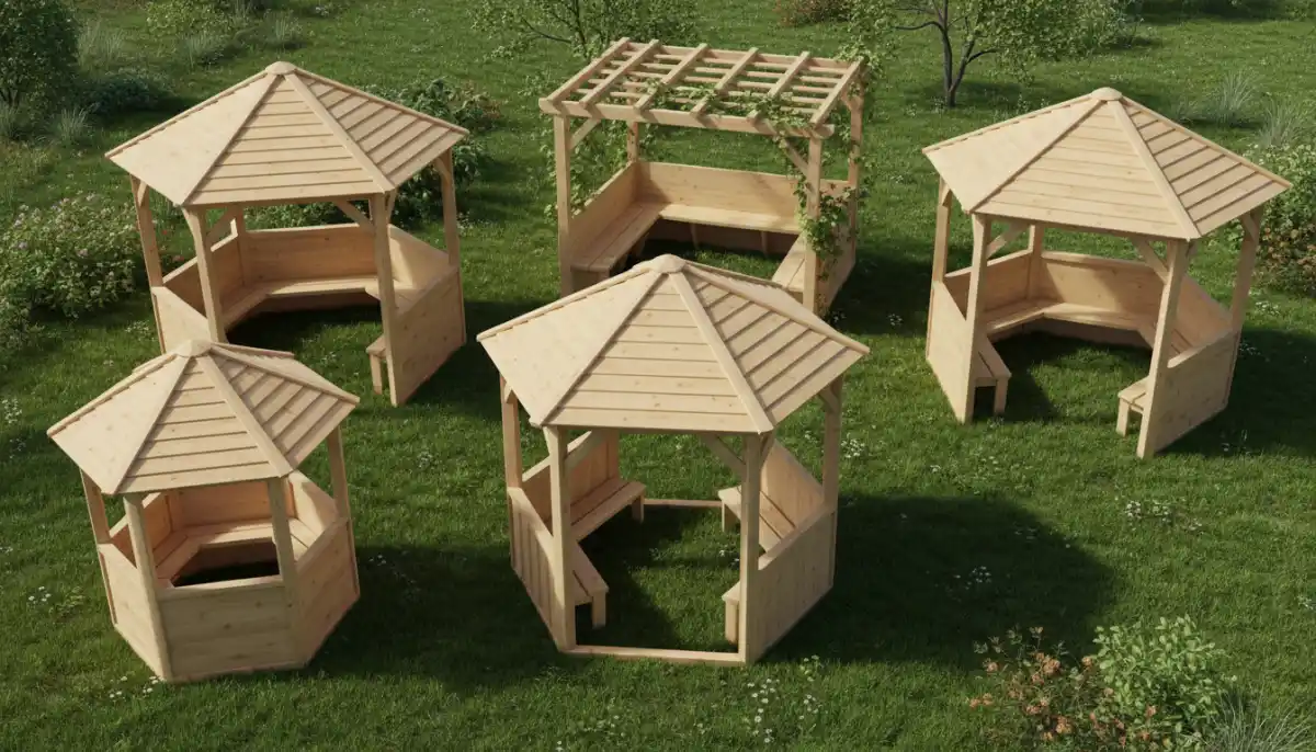 Małe altany ogrodowe drewniane proste konstrukcje różne rozmiary gotowe do montażu ze świerku sosny - cena od 1000 do 4000 złotych 2026