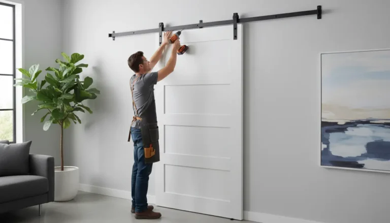 Profesjonalny monter instalujący drzwi przesuwne naścienne na szynie jezdnej - koszt montażu drzwi przesuwnych 2026 wynosi średnio 350-390 zł za sztukę