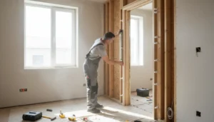 Montaż drzwi wewnętrznych krok po kroku - fachowiec sprawdza pion ościeżnicy poziomicą w otworze drzwiowym podczas remontu mieszkania