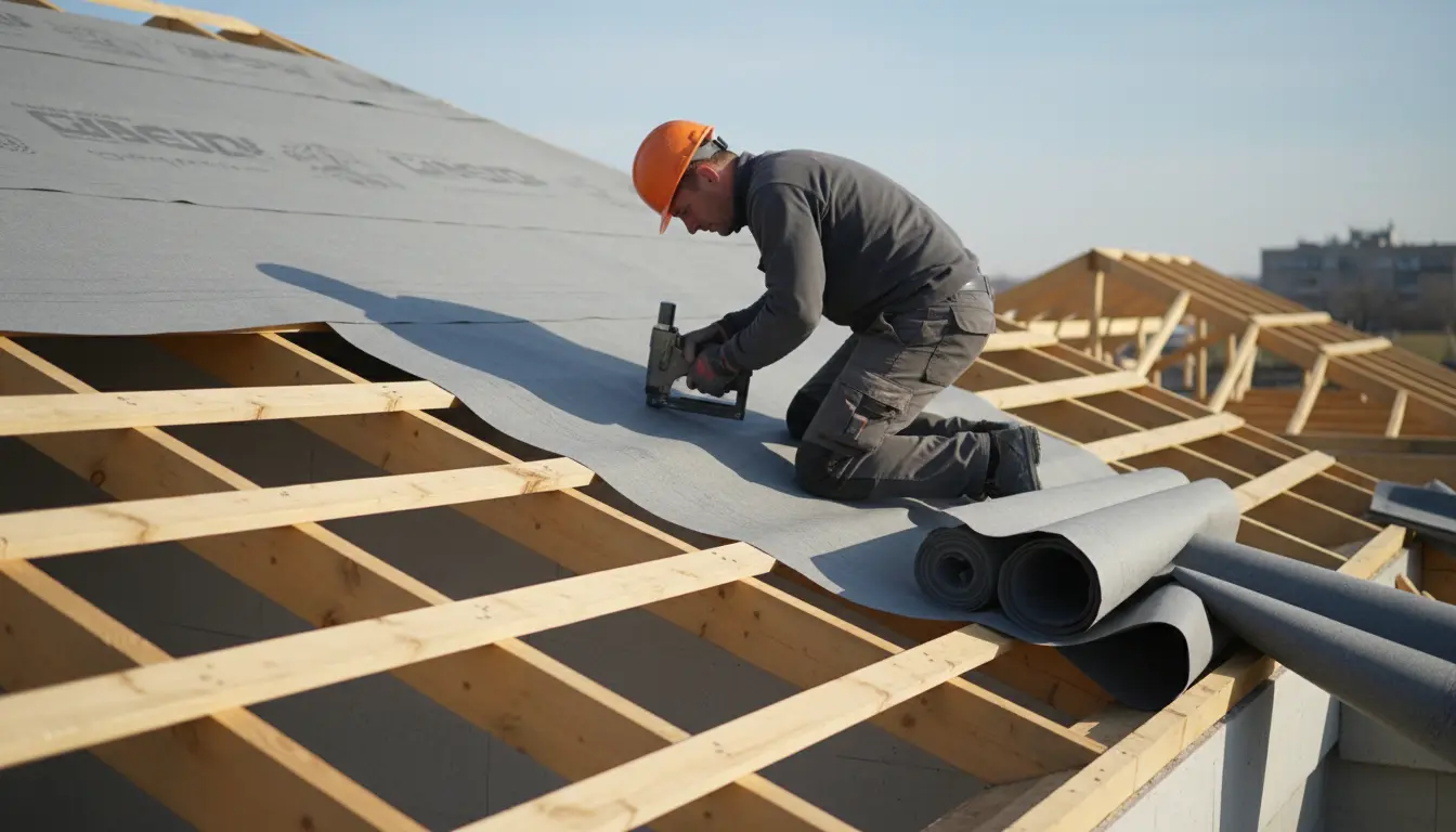 Dekarz montujący szarą membranę dachową na drewnianych krokwiach podczas budowy domu - instrukcja jak ułożyć membranę dachową krok po kroku