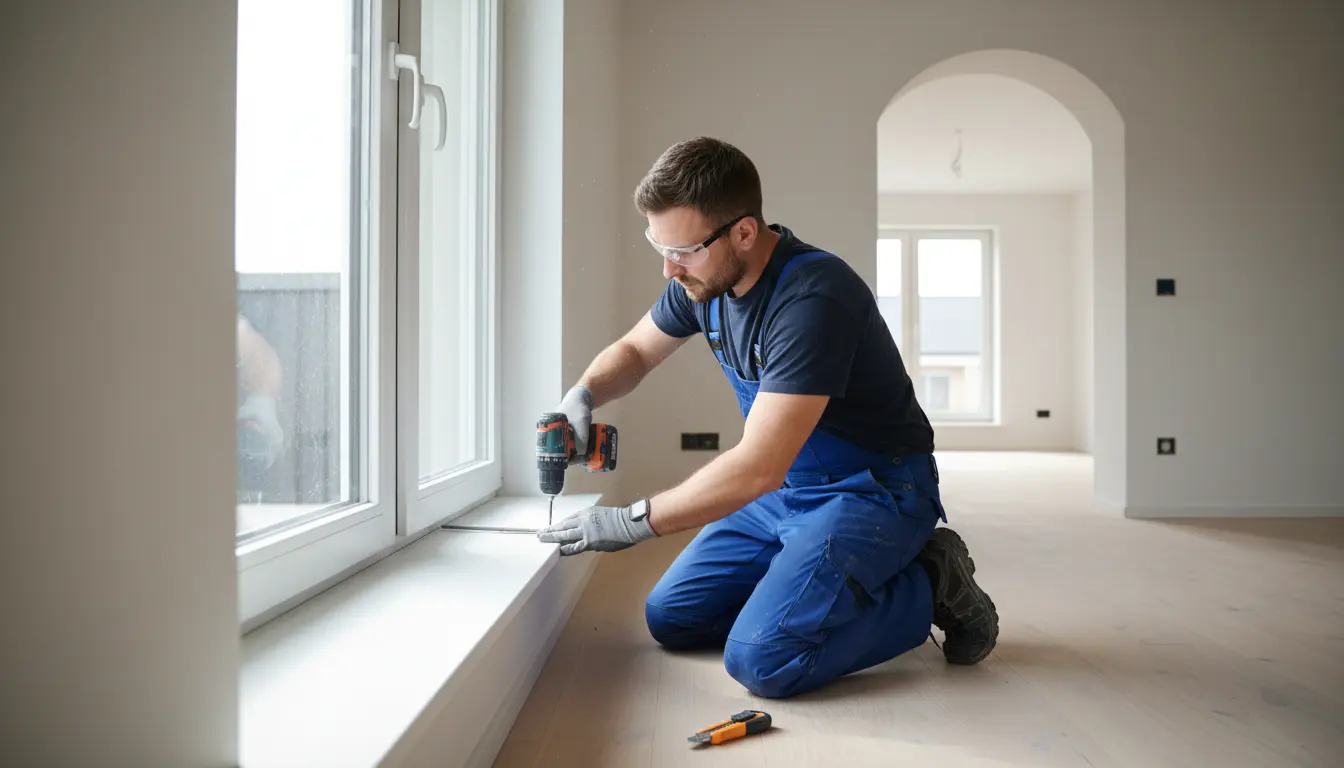 Montaż parapetów wewnętrznych krok po kroku - fachowiec instaluje biały parapet przy oknie w nowoczesnym wnętrzu z wykorzystaniem poziomnicy i narzędzi montażowych