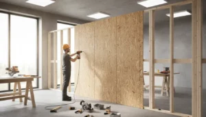 montaż płyt OSB na ścianie 2026 - fachowiec przykręca wkrętami płytę do drewnianego stelażu