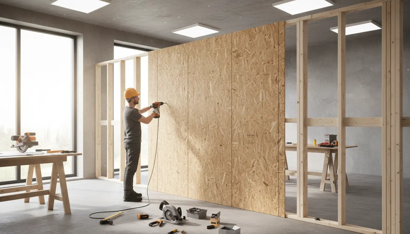 montaż płyt OSB na ścianie 2026 - fachowiec przykręca wkrętami płytę do drewnianego stelażu
