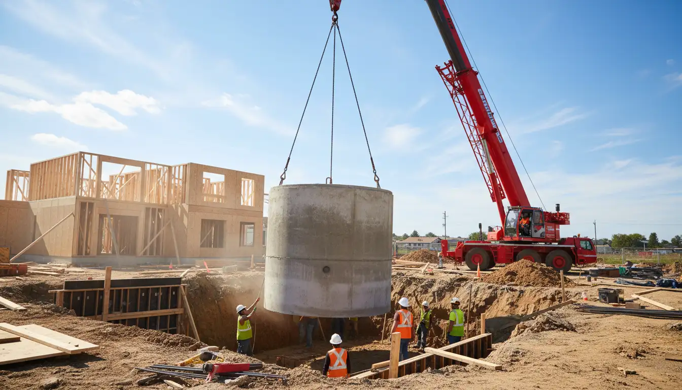 Montaż szamba betonowego 2026 - dźwig budowlany opuszczający betonowy zbiornik cylindryczny 10 m³ do wykopu na działce