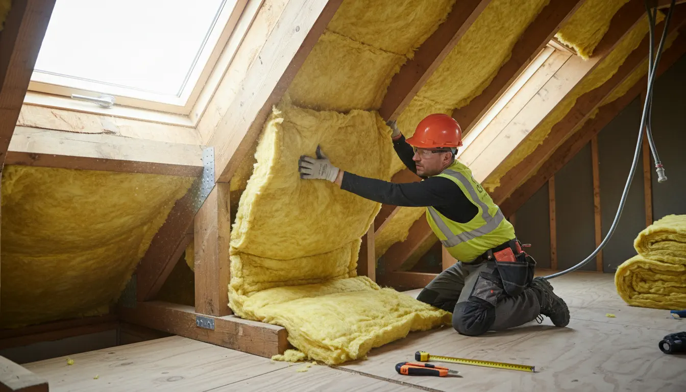 Montaż wełny mineralnej między krokwiami na poddaszu użytkowym podczas prac izolacyjnych
