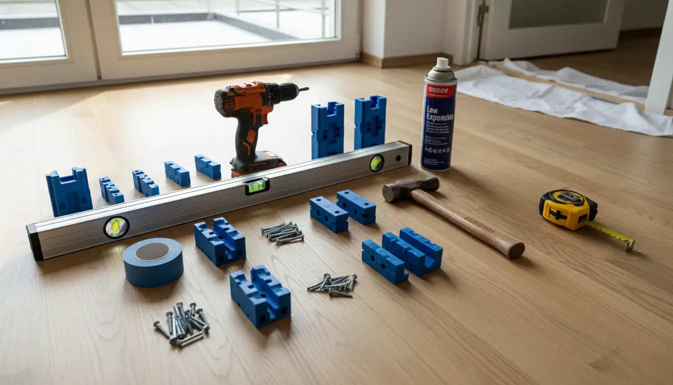 Narzędzia potrzebne do montażu drzwi wewnętrznych rozłożone na podłodze - poziomica wiertarka kliny montażowe pianka poliuretanowa taśma malarska