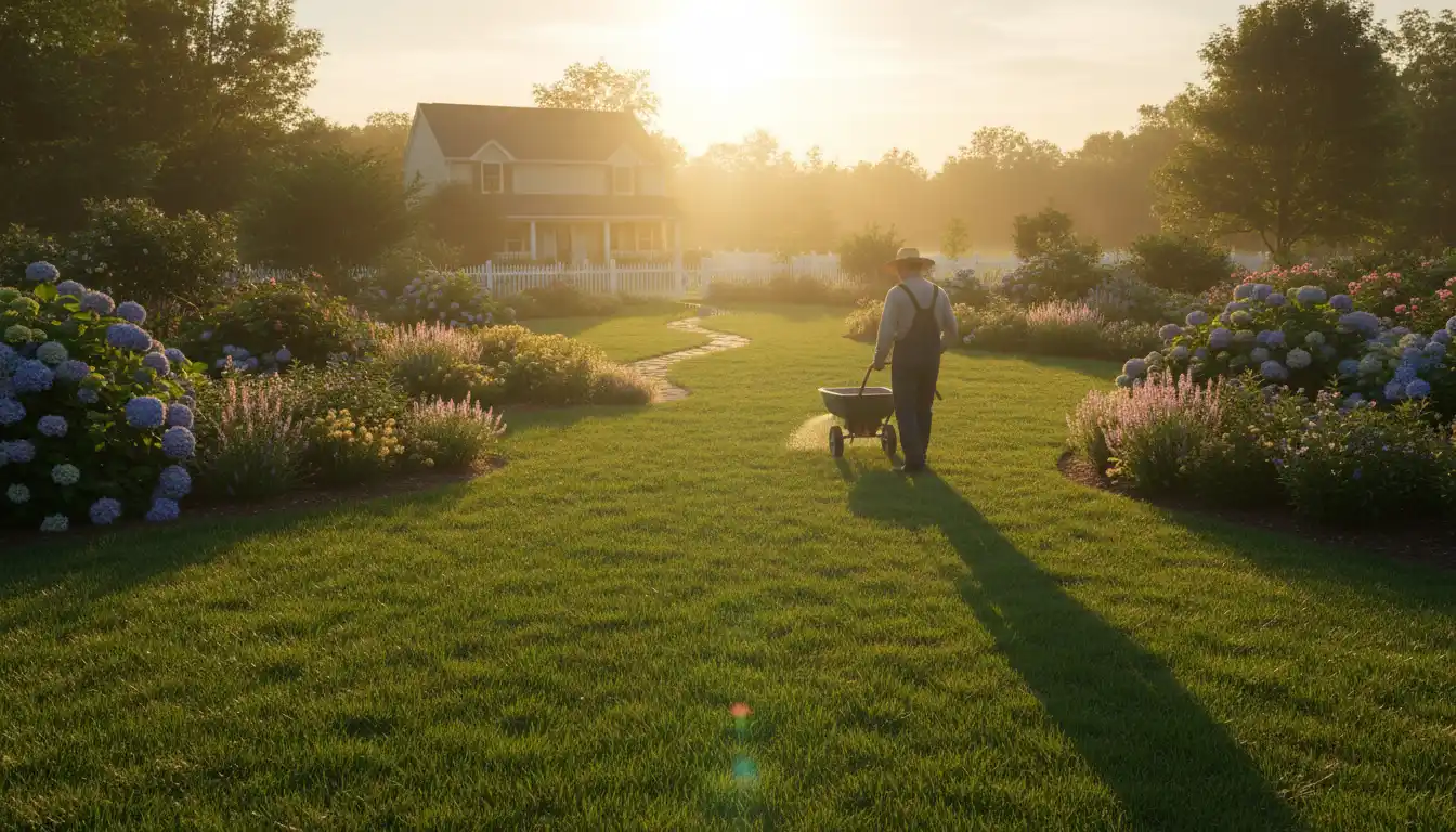 Nawożenie trawnika latem o zachodzie słońca - optymalny czas na letni zabieg pielęgnacyjny w ogrodzie