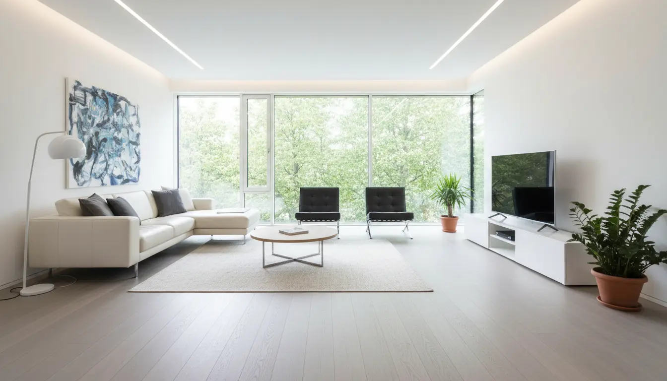 Wykończony nowoczesny salon z panelami podłogowymi ułożonymi na wylewce betonowej samopoziomującej - całkowity koszt wylewki 90-140 PLN za m2 w 2026 roku