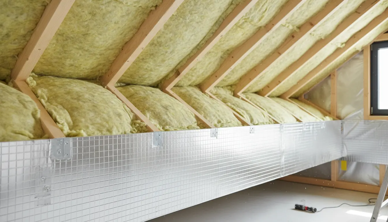 Przekrój warstw ocieplenia poddasza wełną mineralną między krokwiami z folią paroizolacyjną i membraną dachową