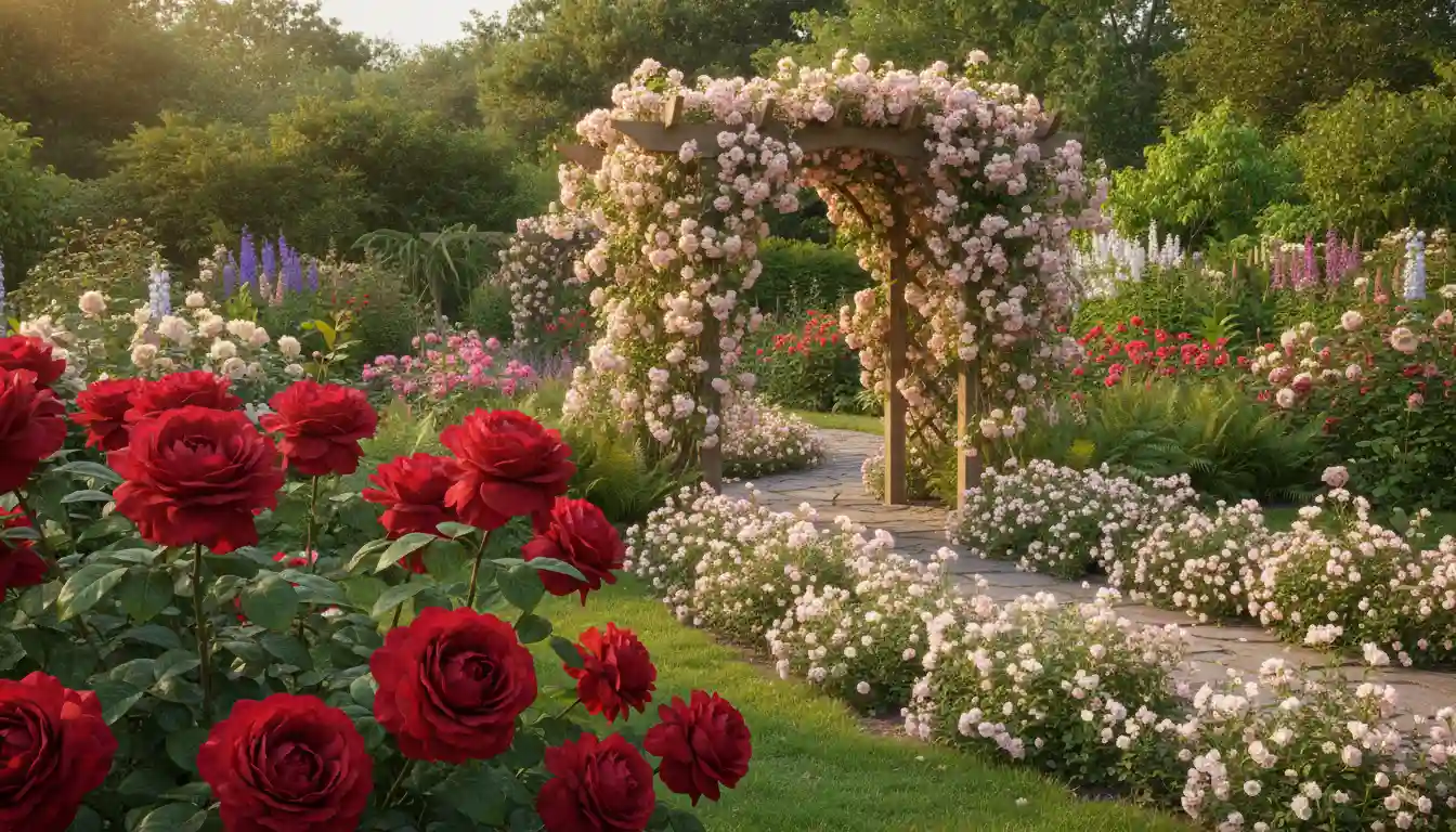 Ogród z różnymi odmianami róż - wielkokwiatowe czerwone na pierwszym planie, pnące różowe na pergoli i rabatowe wzdłuż ścieżki