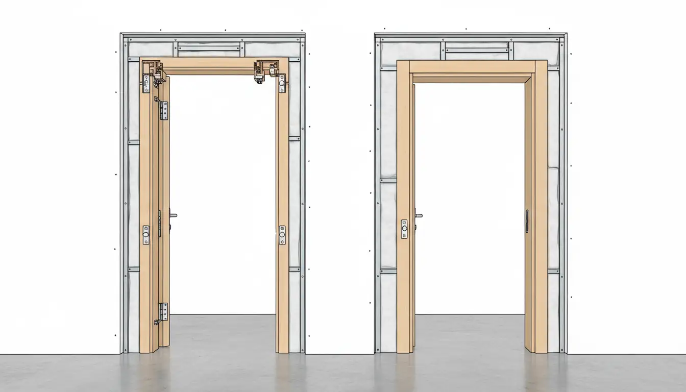 Porównanie ościeżnicy regulowanej i stałej w przekroju - schemat montażu drzwi wewnętrznych w ścianie o różnej grubości