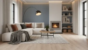 Panele podłogowe w nowoczesnym salonie w stylu skandynawskim - ciepła podłoga laminowana z drewnianym dekorem idealnie komponuje się z jasnym wnętrzem