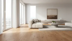 Panele podłogowe w jasnym nowoczesnym salonie z dużymi oknami i dębowym dekorem - efekt końcowy montażu 2026