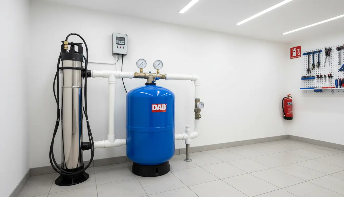 Pompa głębinowa i hydrofor w kotłowni - profesjonalna instalacja studni głębinowej z zbiornikiem ciśnieniowym 100L w domu jednorodzinnym