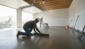Profesjonalne wykonanie posadzki betonowej w garażu - pracownik wykańcza świeżo wylaną wylewkę betonową szeroką pacą, gładka szara powierzchnia betonu klasy C20/25, grubość 10 cm