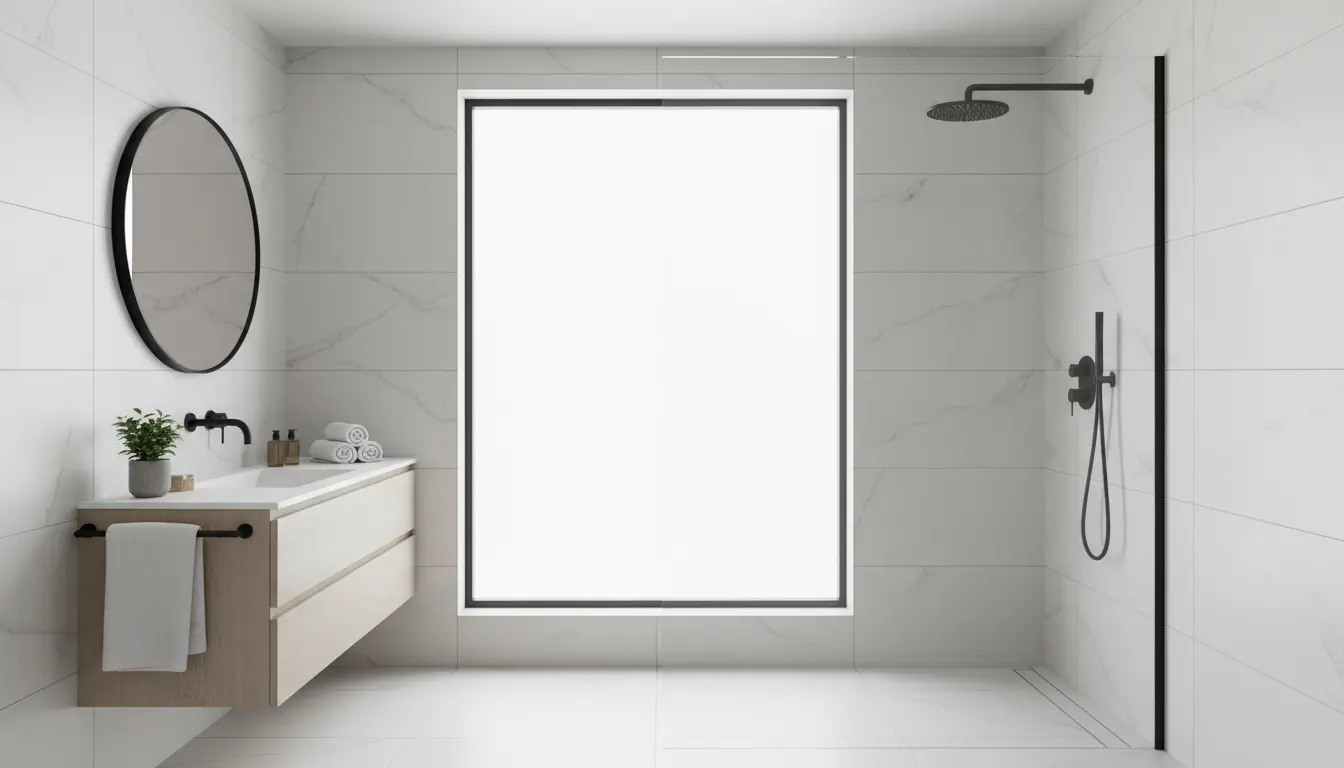 Elegancki prysznic walk-in z odpływem liniowym i płytkami wielkoformatowymi imitującymi marmur - koszt instalacji 2500-5000 zł