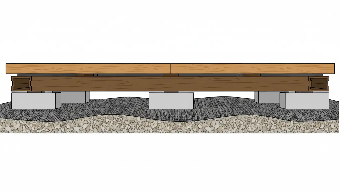 Przekrój poprzeczny tarasu z desek kompozytowych pokazujący warstwy podłoża żwir geowłóknina legary i deski z szczeliną wentylacyjną