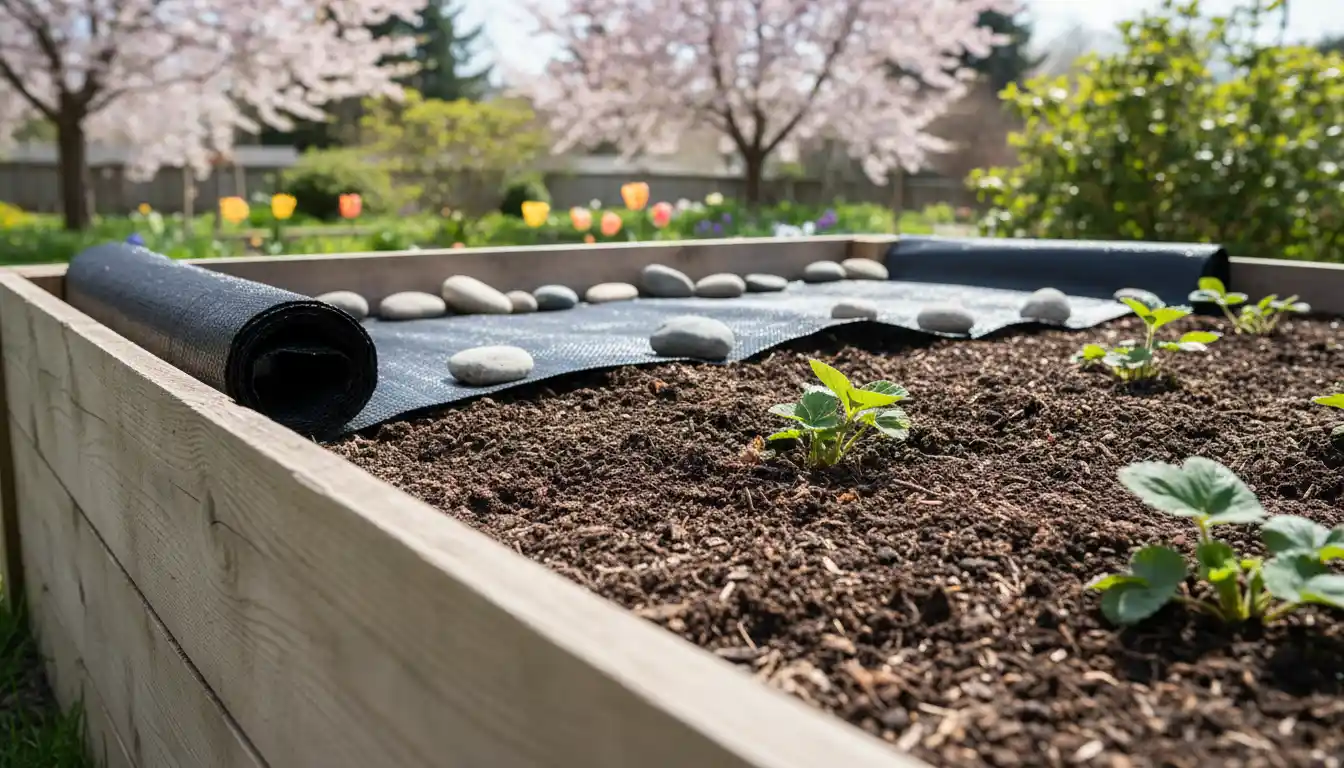 Przygotowanie grządki pod truskawki z kompostem i czarną agrowłókniną w wiosennym ogrodzie