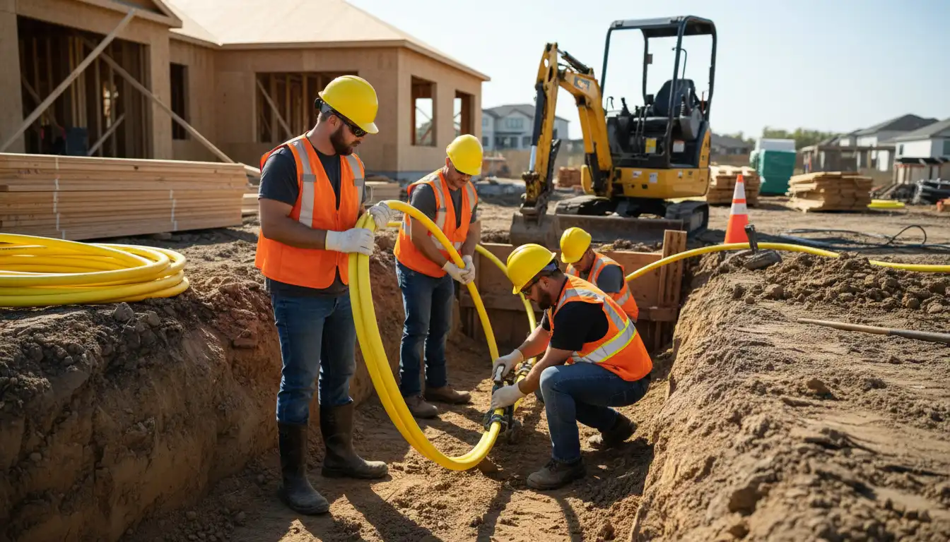 Budowa przyłącza gazowego - pracownicy układający żółte rury polietylenowe w wykopie na terenie budowy domu jednorodzinnego w 2026 roku