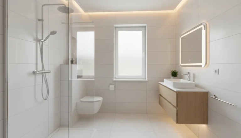 Nowoczesna łazienka po remoncie 2026 - białe płytki wielkoformatowe, kabina walk-in, podwieszane WC, koszt około 17000 zł