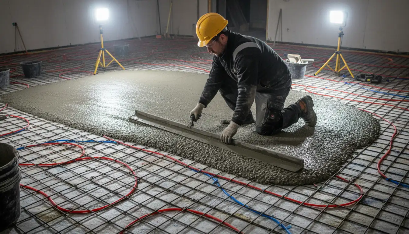 Profesjonalny robotnik podczas wykonywania wylewki betonowej maszynowej z widoczną siatką zbrojeniową oraz rurkami ogrzewania podłogowego - robocizna 40-60 PLN za m2 w 2026