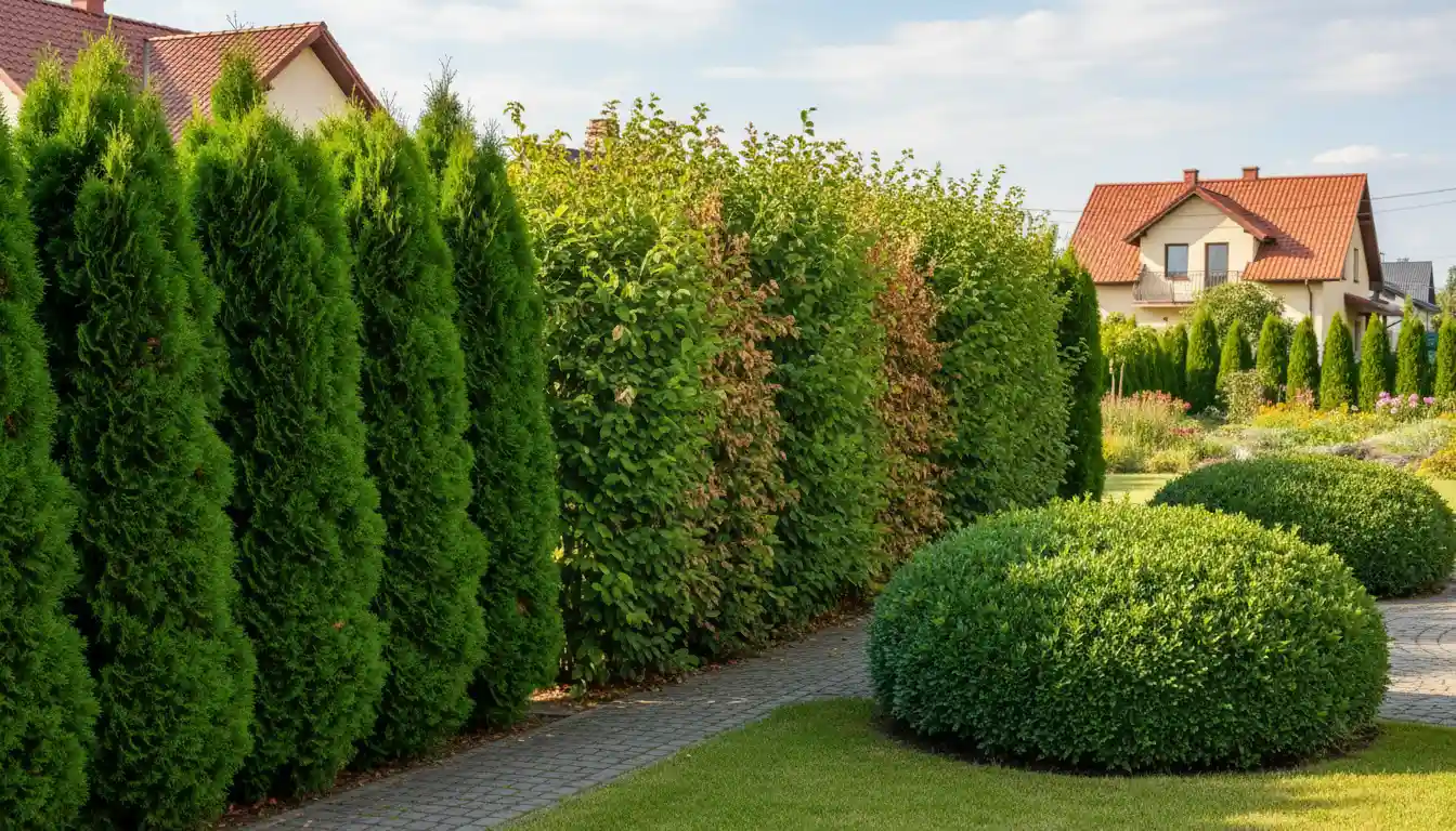 Porównanie rodzajów żywopłotów w polskim ogrodzie - tuja grab i bukszpan obok siebie latem 2026