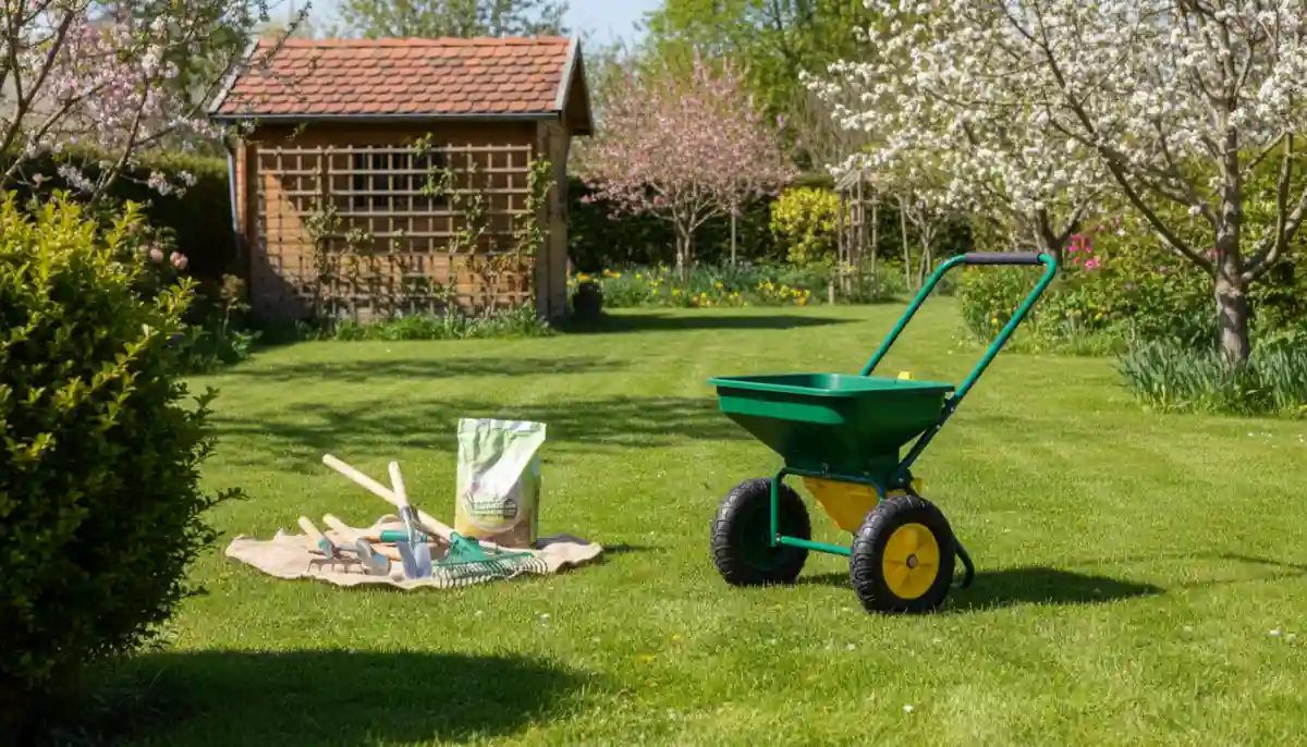 Rozsiewacz kołowy nawozów na zielonym trawniku w ogrodzie - równomierne rozsypywanie nawozu granulowanego wiosną