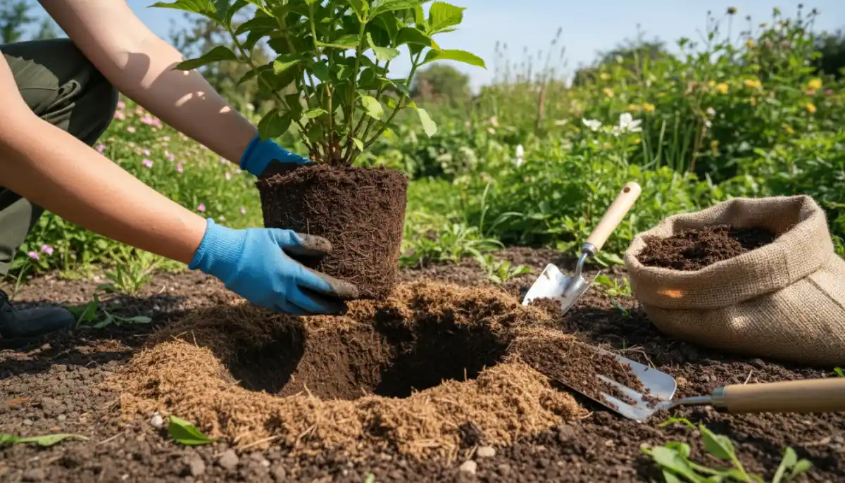 Sadzenie hortensji krok po kroku - przygotowany dołek z kompostem i torfem, bryła korzeniowa sadzonki w ogrodzie