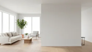 Gotowa ściana działowa z płyt GK w nowoczesnym wnętrzu z drewnianą podłogą i jasnym oświetleniem naturalnym