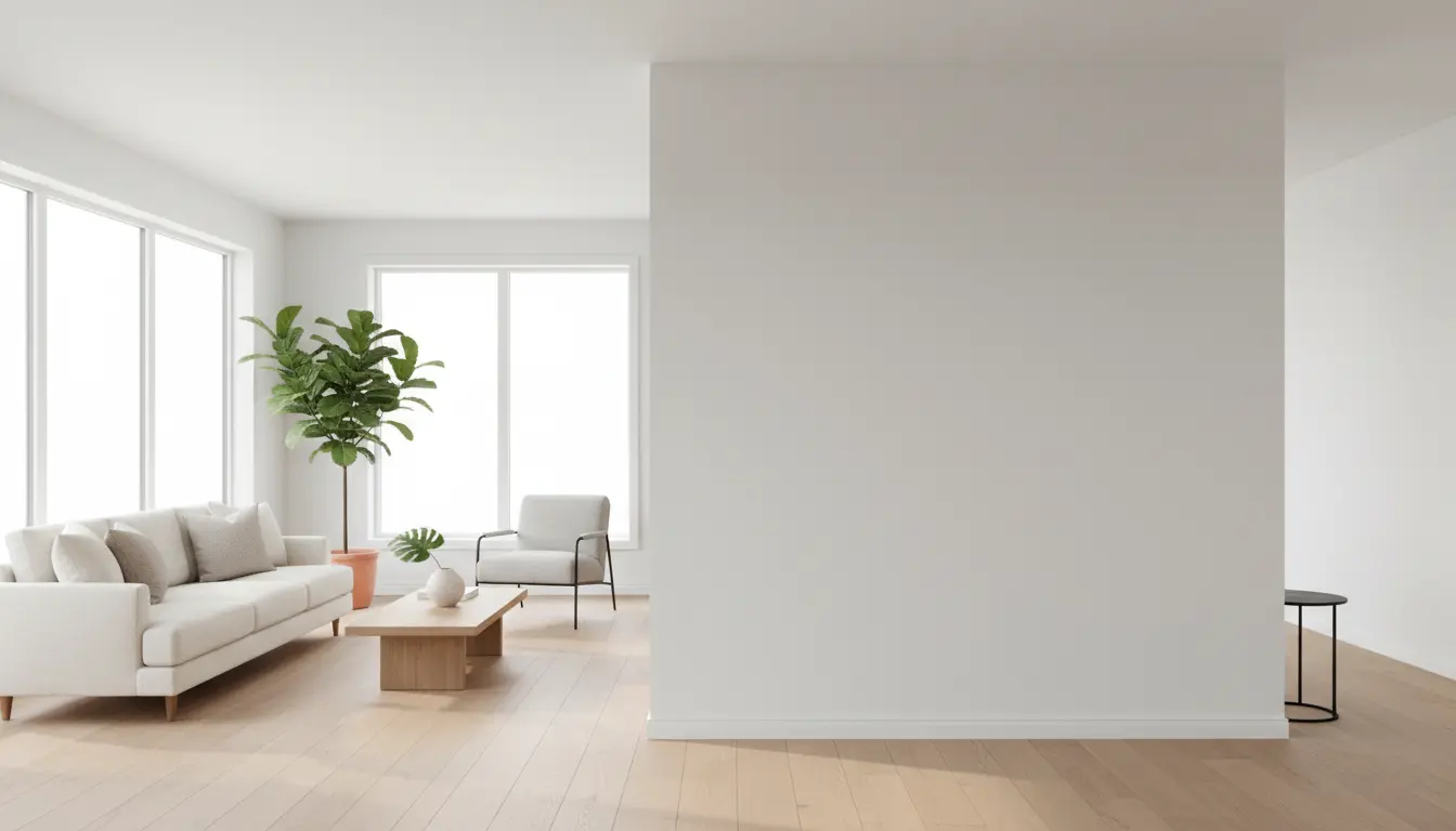 Gotowa ściana działowa z płyt GK w nowoczesnym wnętrzu z drewnianą podłogą i jasnym oświetleniem naturalnym