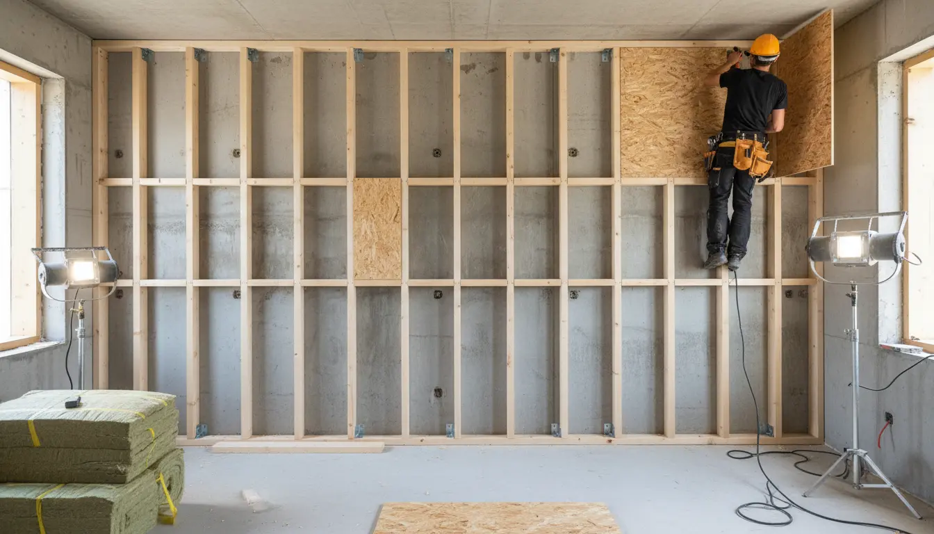 drewniany stelaż łaty pod montaż płyt OSB ściana